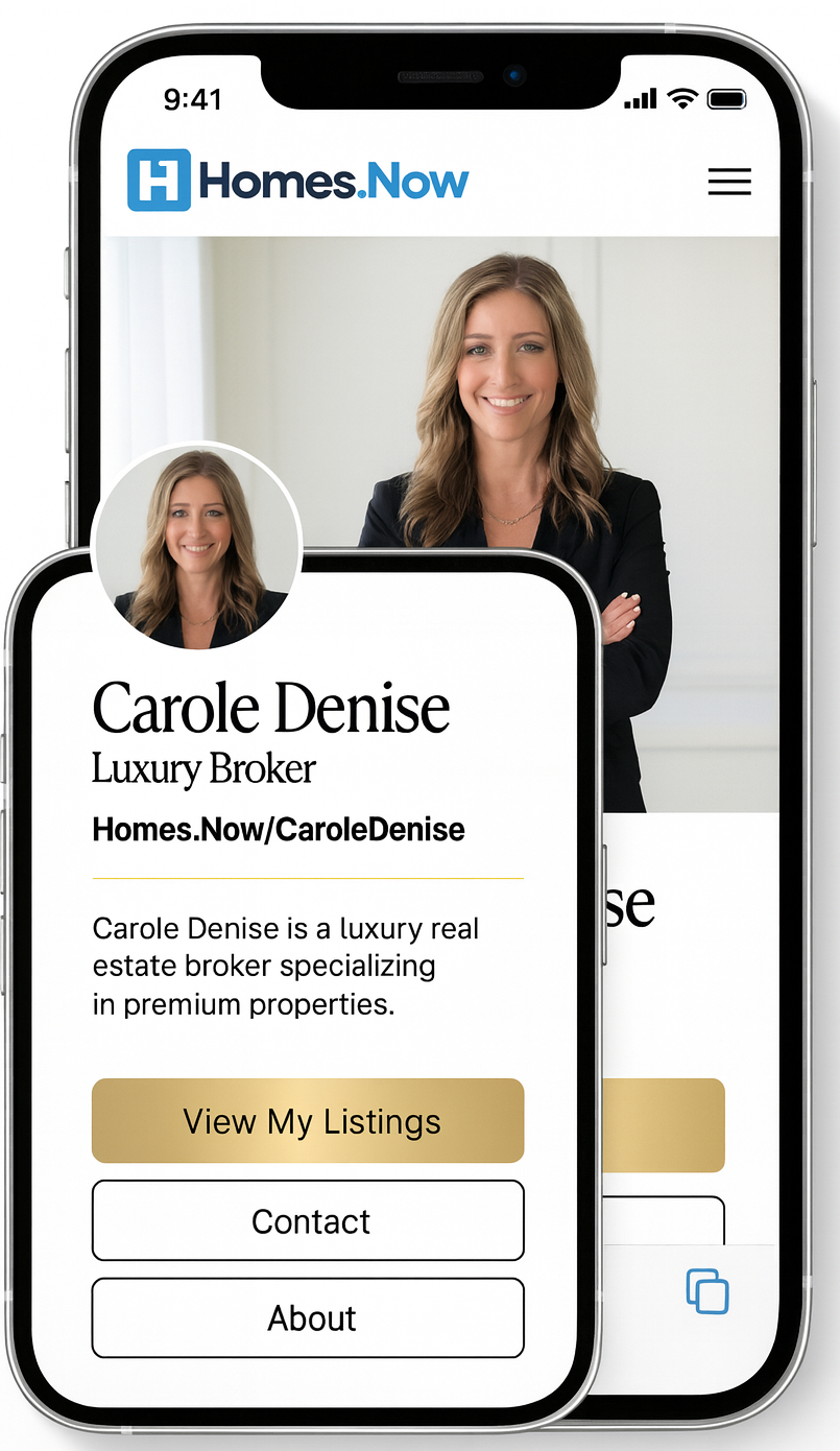 Homes.Now mobile mockup showcasing agent profile